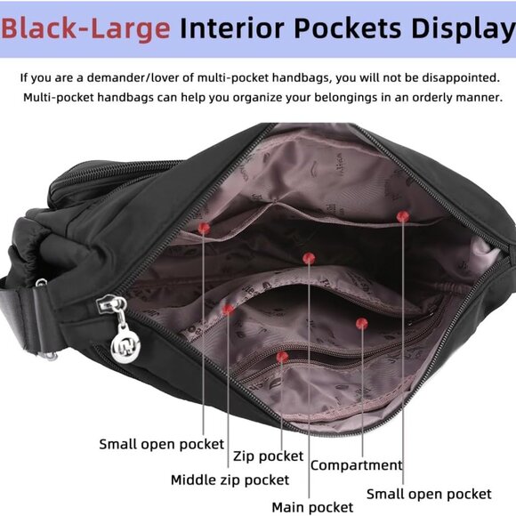 Women Nylon Tote Crossbody Handbag with Multiple Pockets and Adjustable Strap - Picture 5 of 6